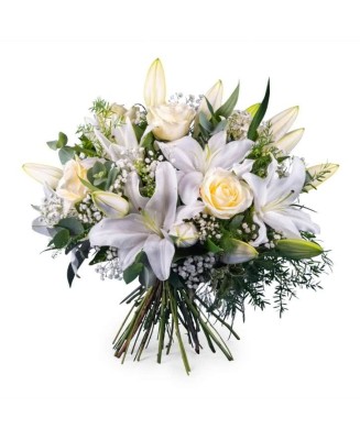 Ramo de rosas blancas y liliums - Floristería La Gardenia - Don Benito