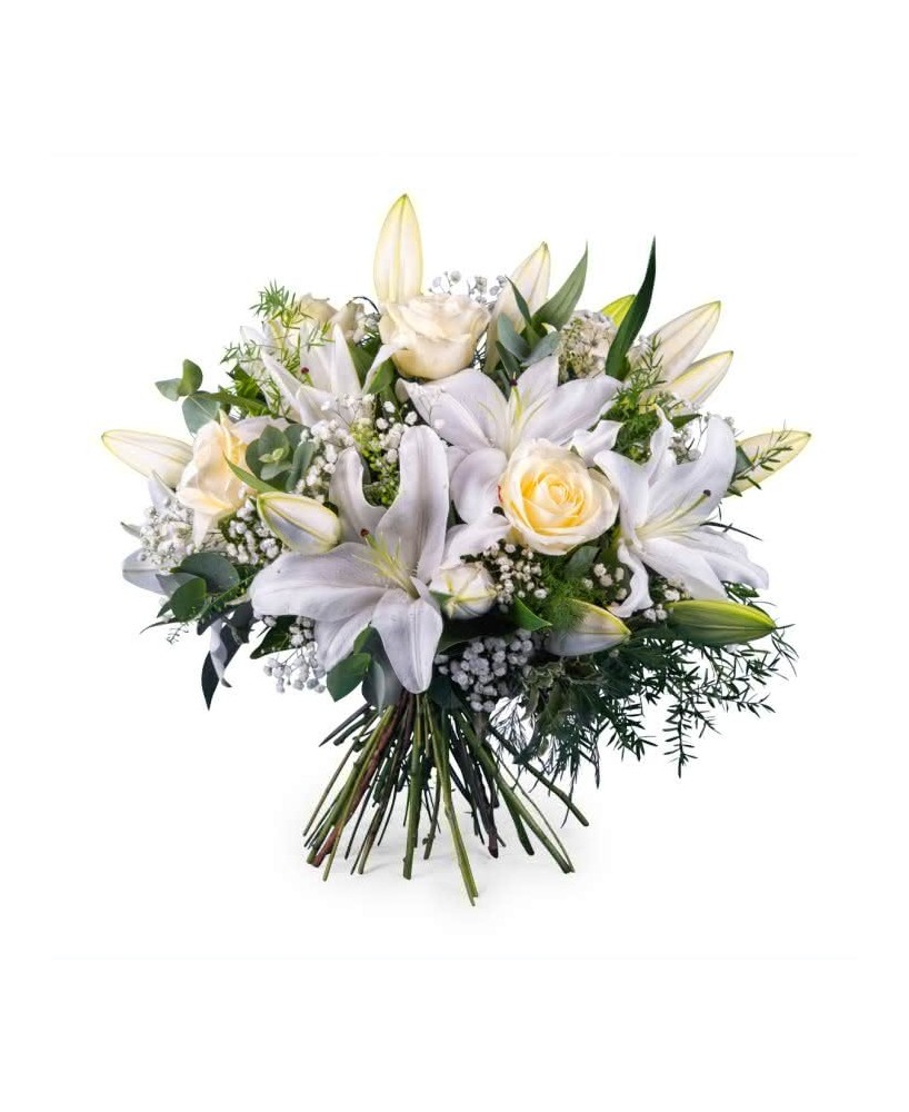 Ramo de rosas blancas y liliums - Floristería La Gardenia - Don Benito